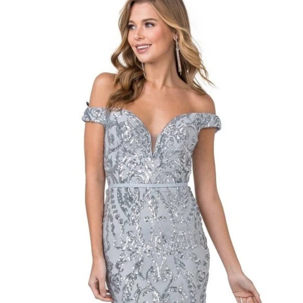 Anny Lee 7832 Silver Sequin Pattern Gown Size S